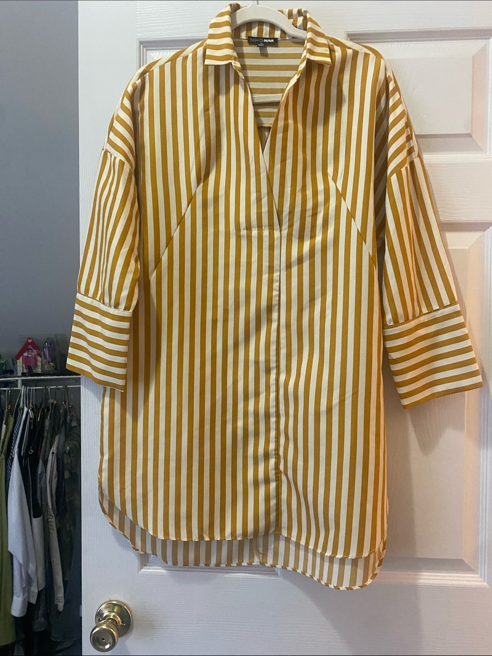 Fashion Nova Mustard and White Striped Tunic Top